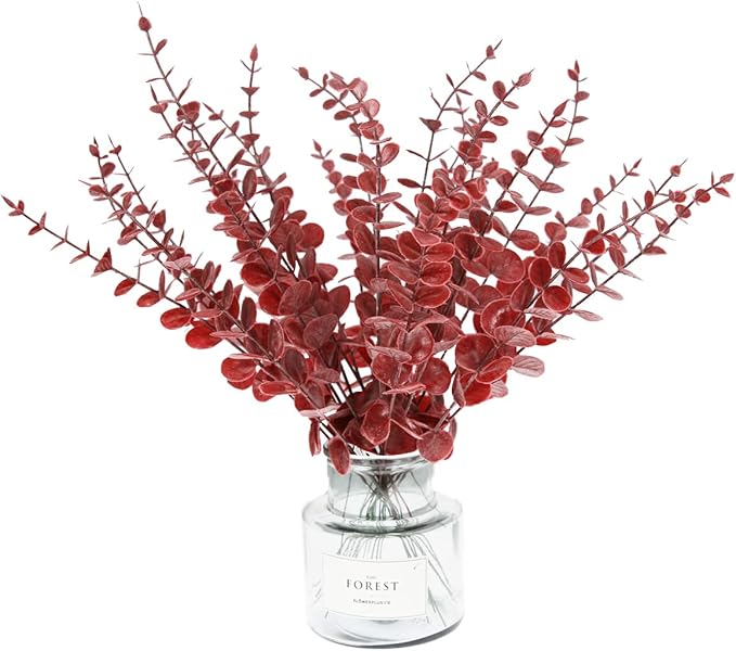 Tinsow Real Touch Leaf Artificial Eucalyptus Stem Faux Eucalyptuses Wedding Bouquet Centerpiece Home Decor (26, Red)