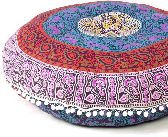 Eyes of India - 32" Pink Blue Green Floor Pillow Meditation Cushion Seating Throw Mandala Cover Hippie Round Colorful Decorative Bohemian Accent Boho Chic Dog Bed Indian Handmade Cover ONLY