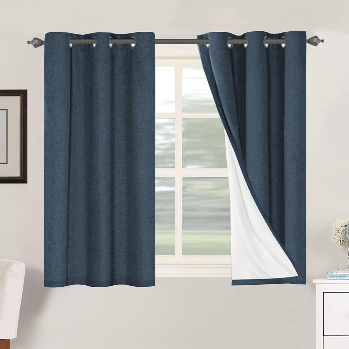 H.VERSAILTEX Primitive Linen Curtains 100% Blackout Curtain Drapes Burlap Fabric Curtains with White Thermal Insulated Liner, Grommet Top Drapes Living Room/Bedroom (2 Panels, 42 x 45 Inch, Navy)