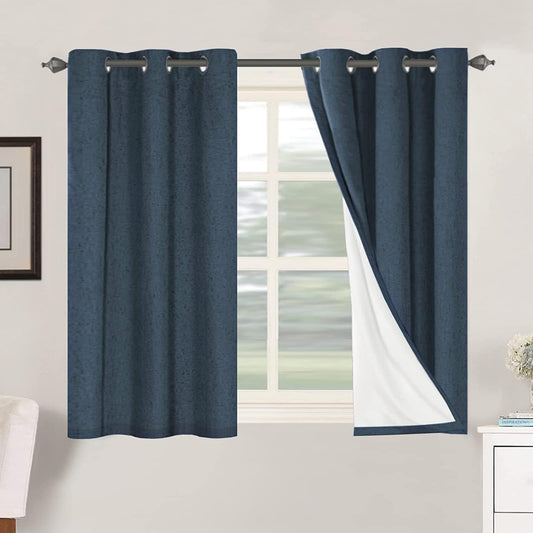 H.VERSAILTEX Primitive Linen Curtains 100% Blackout Curtain Drapes Burlap Fabric Curtains with White Thermal Insulated Liner, Grommet Top Drapes Living Room/Bedroom (2 Panels, 42 x 45 Inch, Navy)