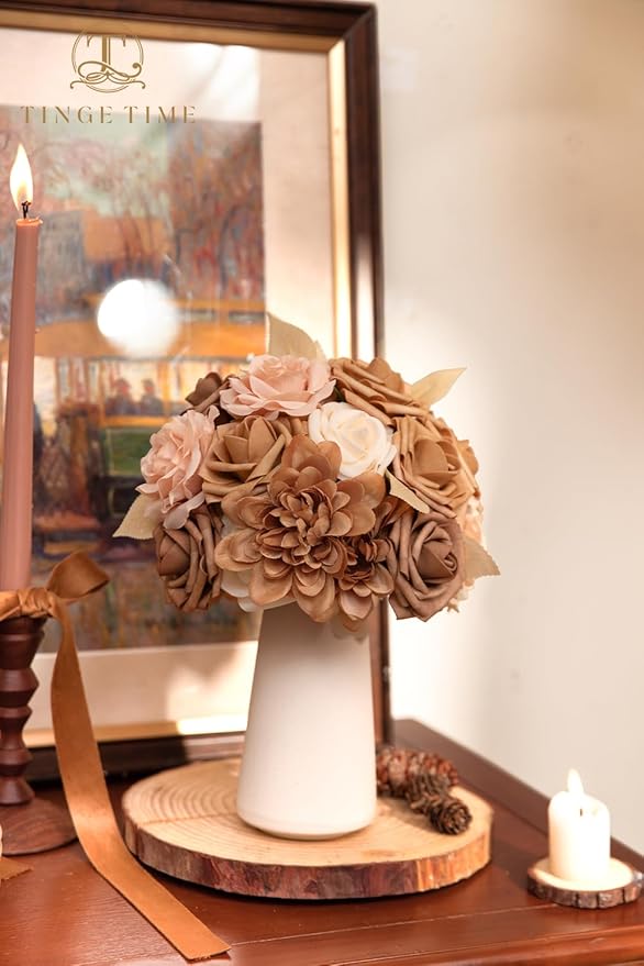 TINGE TIME Artificial Flowers, Fake Rose Silk Dahlia with Stems for DIY Bridal Wedding Bouquets Baby Shower Floral Arrangements Centerpiece Table Party Home Decorations(Dark Milk Tea)