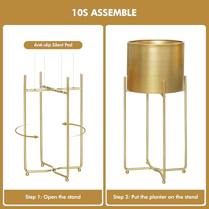 Sinolodo Gold Planters for Indoor Plants, Mid Century Floor Standing Tall Planter with Stands, 9/8/7 inch Plant Pots for Living Room Bedroom Office