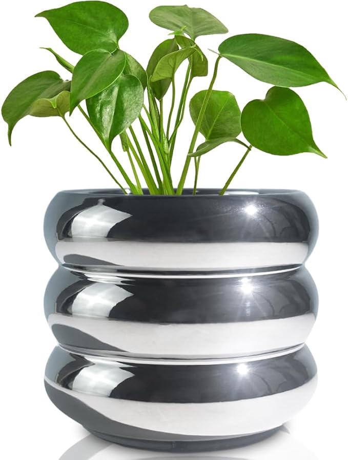 4.7 Inch Modern Plant Pot Silver Ceramic Glaze Succulent Planters for Indoor Unique Pots, Planter with Drainage Holes Small Bubble Porcelain for Herb Snake Plants