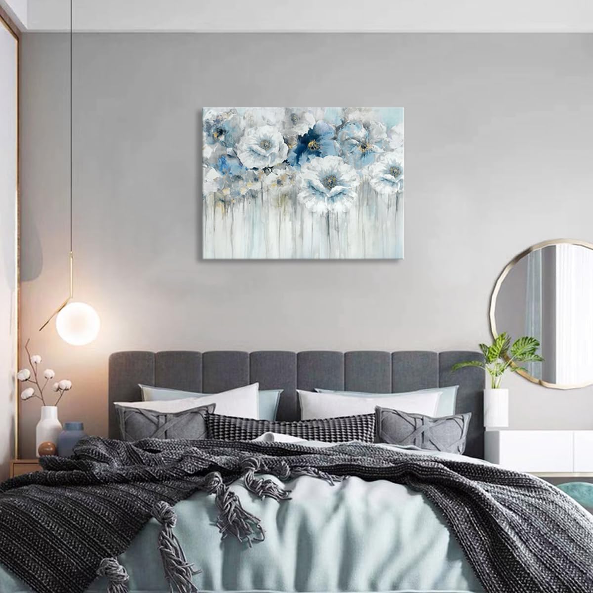 Living Room Flowers Canvas Wall Art Blue and White Floral Pictures with Gold for Gray Bedroom Decor 32" x 24"