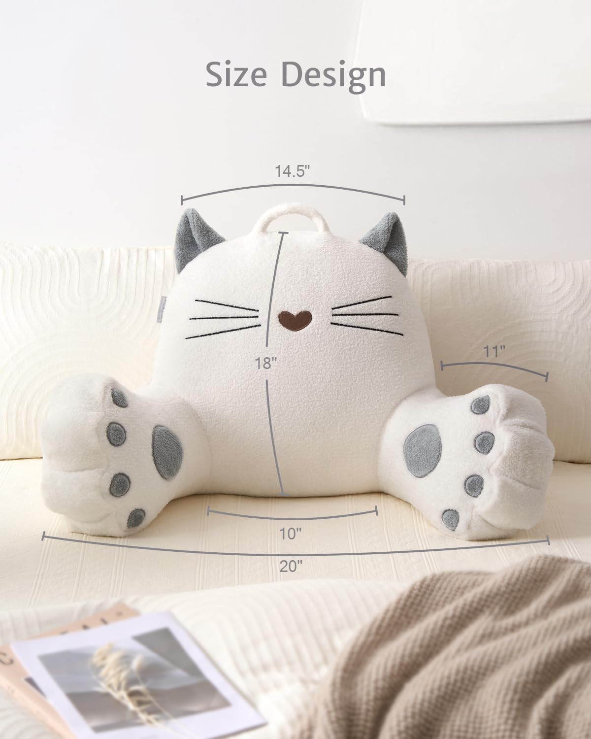 Blissful Diary Kitty Reading Pillow for Kids/Teens/Adults, Back Rest Pillow for Sitting Up in Bed with Shredded Memory Foam, Includes Arms and Washable Cover, Pure White