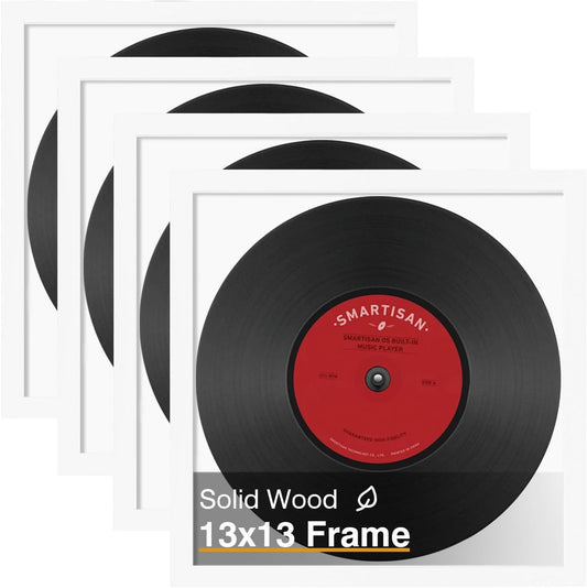 KINLINK 13x13 Picture Frame, White Square Solid Wood Frames for Pictures 13x13 without Mat and 12.5x12.5 Music Record Album, Wall Display Photo Frames White 4 Pack