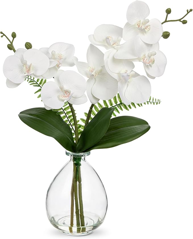 White Orchids Artificial Flowers, Faux Orchid in Glass Vase Real Touch Small Phalaenopsis Orchid Flowers Arrangements with Clear Vase Orchid Centerpiece for Dining Room Table