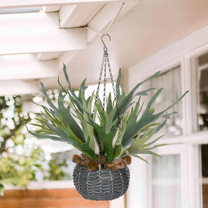 Hollyone Artificial Staghorn Fern Hanging Plants, Fake Boston Fern Hanging Plant in Persian Rattan Pot Faux Fern Plant Potted Hanging Plant for Indoor Outdoor Home Wall Room Garden Decor