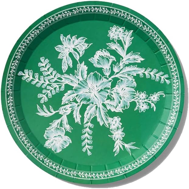 Coterie Emerald Green Floral Paper Plates (Set of 10 Small plates) - Party Plates For Bridal and Baby Shower, Garden Party, Birthday Party - Green Toile Floral Paper Plates | 7.25” Fancy Paper Plates