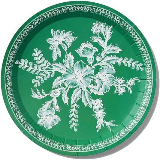 Coterie Emerald Green Floral Paper Plates (Set of 10 Small plates) - Party Plates For Bridal and Baby Shower, Garden Party, Birthday Party - Green Toile Floral Paper Plates | 7.25” Fancy Paper Plates