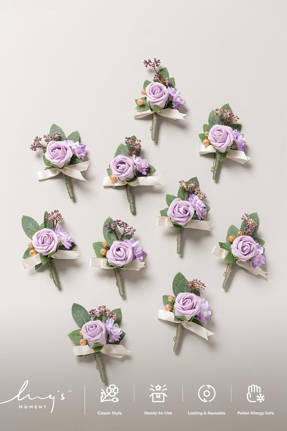 Ling's Moment Boutonniere for Men, 10pcs Groomsmen Guest Boutonniere, Artificial Flowers for Wedding Décor/Prom/Homecoming,etc.Purple Lilac