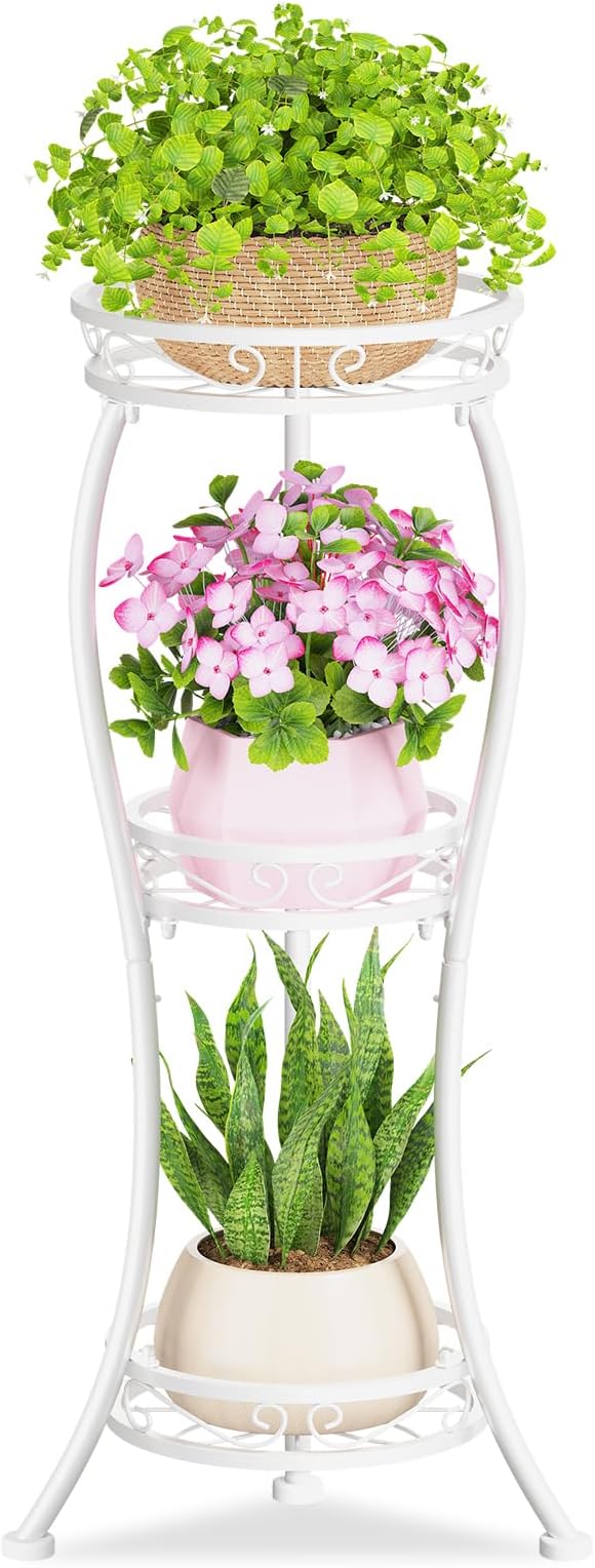 KMOTASUO 3 Tier Tall Metal Plant Stand, 34 Inch Plant Stands Indoor Outdoor, Rustproof Wrought Iron Flower Pot Holder Display Rack for Corner Patio Garden Balcony Living Room(White)