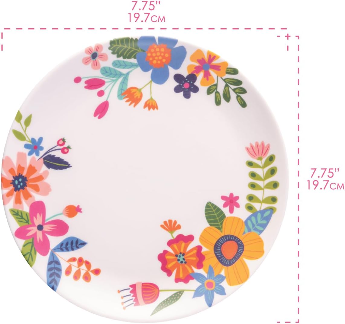 Karma, 7.75 inches Melamine Dessert Plates Set of 4, Reusable Dishwasher Safe Plates for Outdoor and Indoor, Shelly Floral