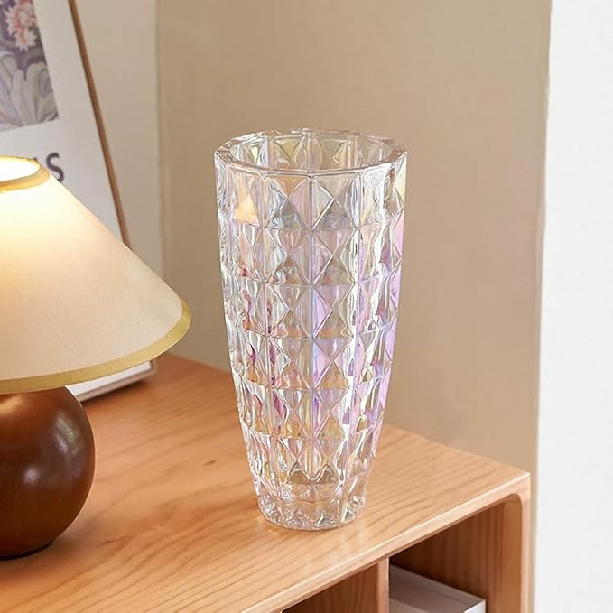 Unique Diamond-Shaped Colorful Glass Flower Vase 11.8" Tall for Home Decor, Dining Wedding Table Office Holiday Party Centerpiece Decoration.