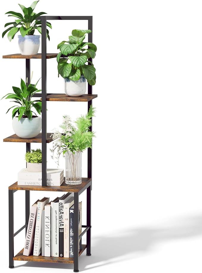Plant Stand Indoor with Grow Light, 5-Tiered Tall Plant Stand Indoor, Metal Plant Shelf with Bookshelf Bookcase and Adjustable Light, Ideal for Living Room, Reading room, Garden, Patio (Brown)