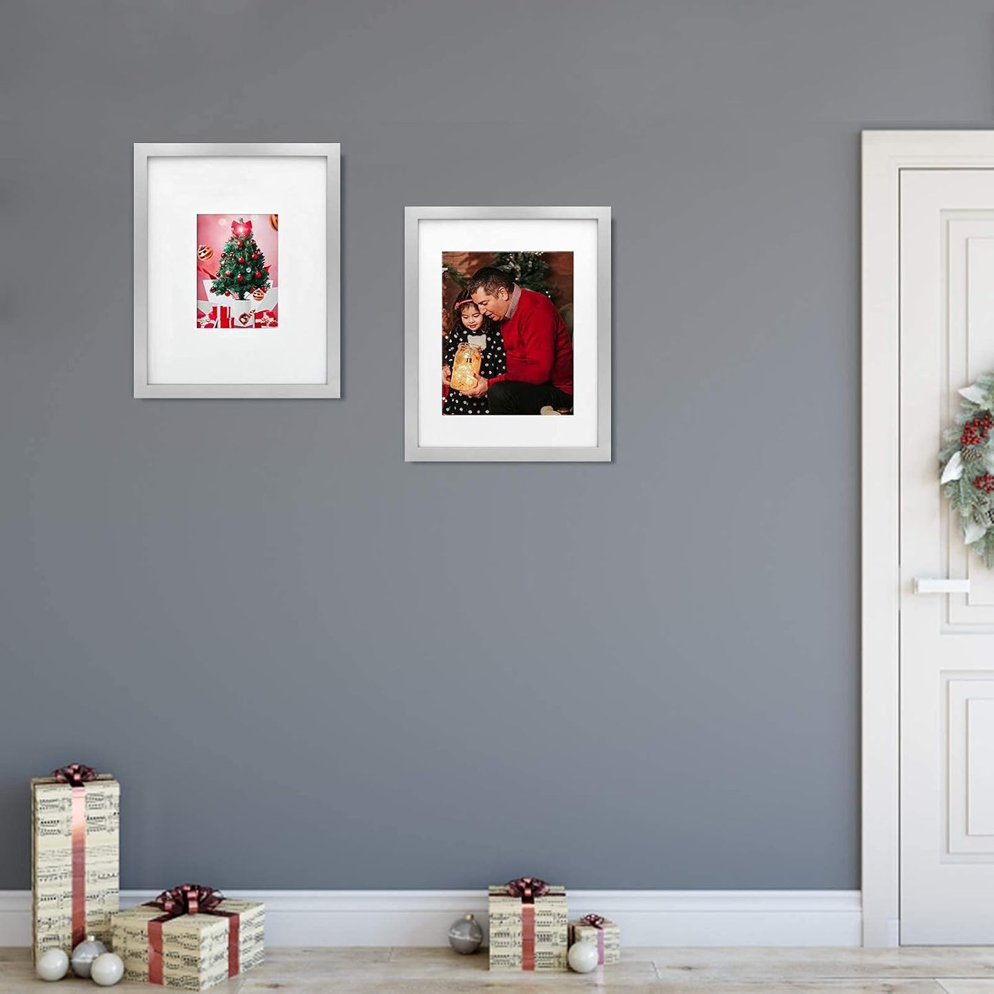 KINLINK 11x14 Picture Frame Light Grey, Solid Wood Frames with Acrylic Plexiglass for Pictures 5x7/8x10 with Mat or 11x14 without Mat,Tabletop and Wall Display Set of 4