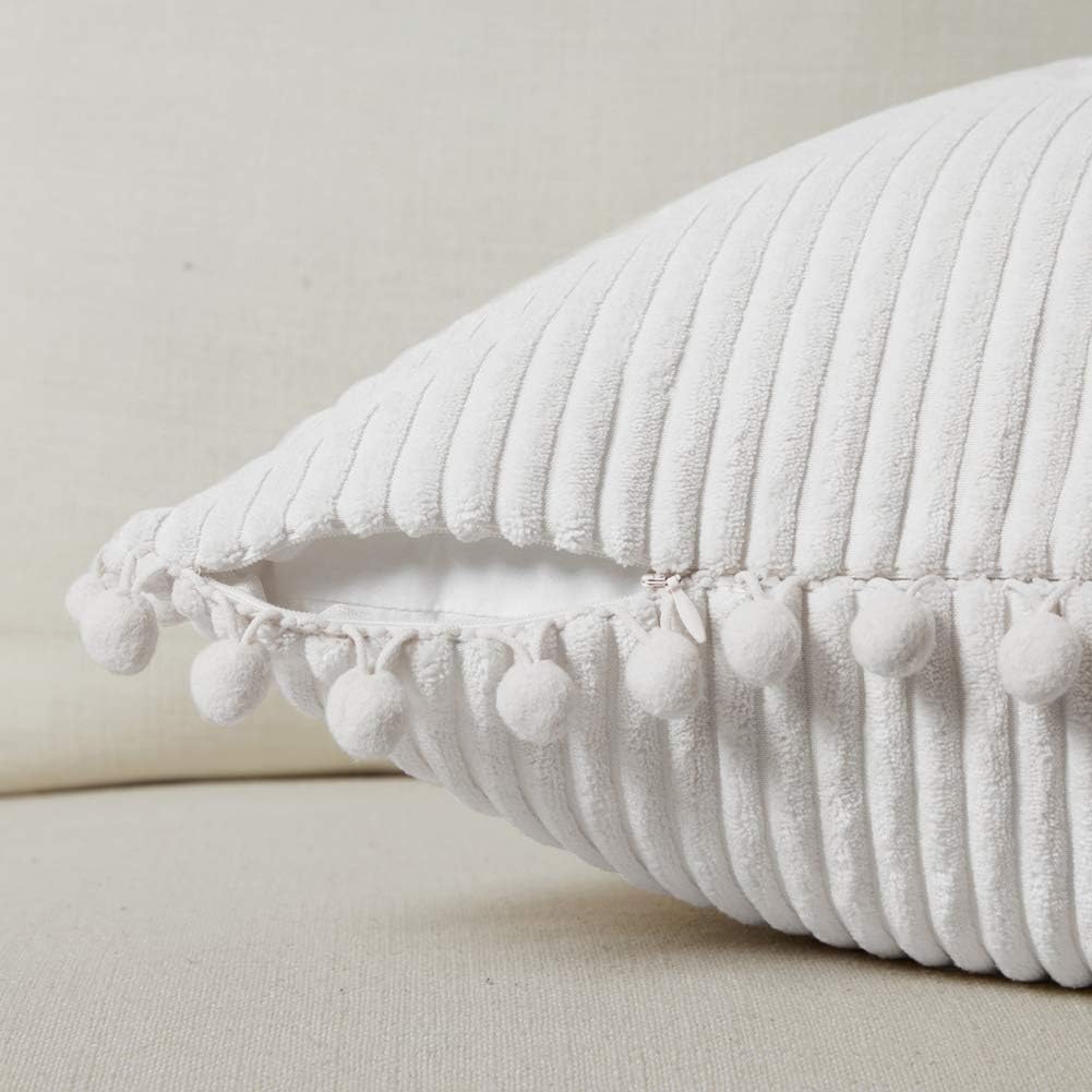 Fancy Homi Pack of 2 White Boho Decorative Throw Pillow Covers with Pom-poms, Soft Corduroy Solid Square Cushion Cases Set for Couch Living Room Bedroom Sofa Car (18x18 Inch/45x45 cm, Pure White)