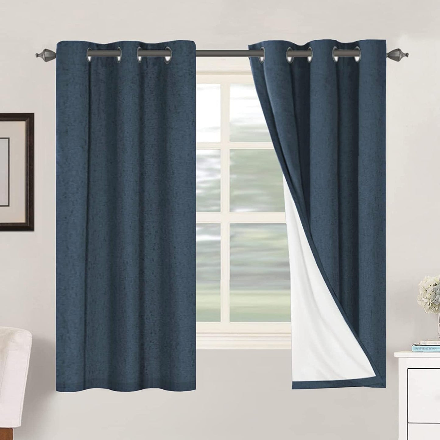 H.VERSAILTEX Primitive Linen Curtains 100% Blackout Curtain Drapes Burlap Fabric Curtains with White Thermal Insulated Liner, Grommet Top Drapes Living Room/Bedroom (2 Panels, 42 x 63 Inch, Navy)