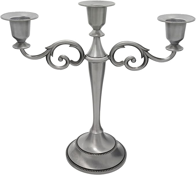 3-Candle Metal Candelabra Candlesticks Holder for Formal Events, Wedding, Church, Holiday Décor, Halloween – Taper Candle Holder Stand Centerpiece Elegant Decoration Piece for Table,Pewter