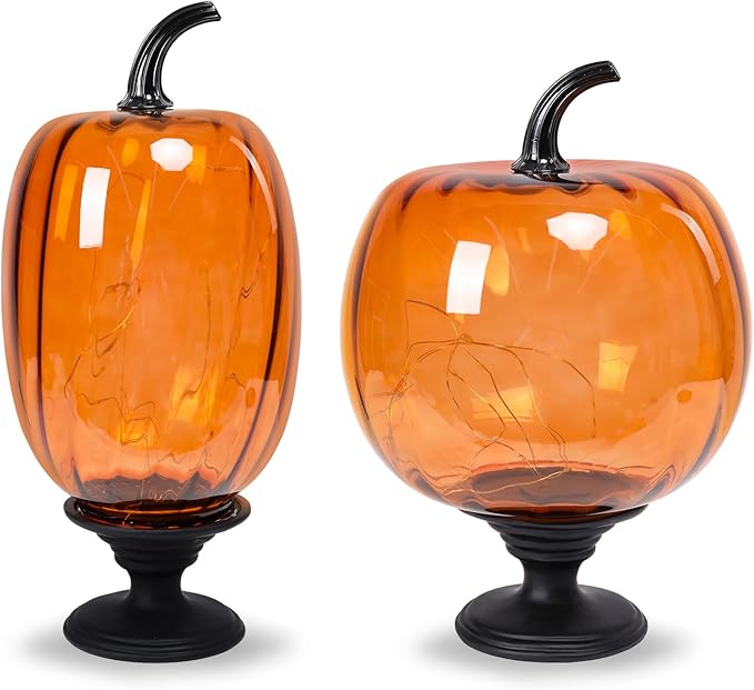 2 Pcs Glass Pumpkin Lights with Pedestal Fall Decor Pumpkins Decoration LED Lighted Collectible Thanksgiving Autumn Harvest Figurine Fall Halloween Decorations for Home Tables Centerpieces Decorative