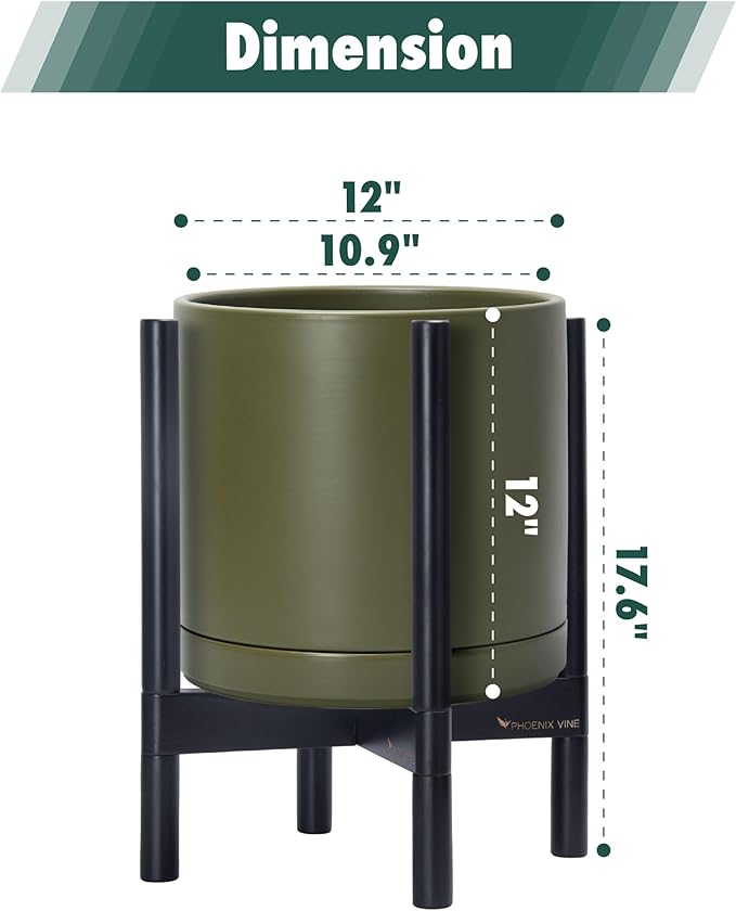 D'vine Dev Ceramic Planter with Ebony Stand - 12 Inch Modern Round Flower Pot with Wood Planter Holder, Olive, 55-B-H-J