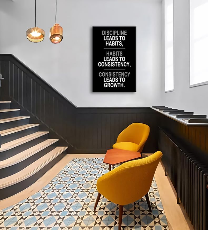 Inspirational Canvas Wall Art Painting Discipline Habits Consistency Growth Pictures Motivational Quotes Posters and Prints Artwork for Modern Office Classroom Home Wall Decor Framed[24''W x 36''H]