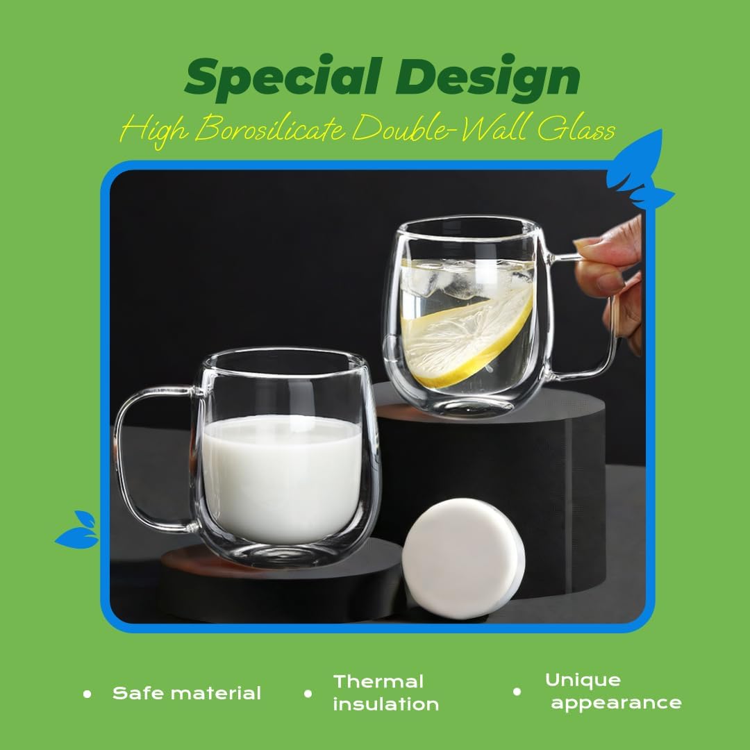 High Borosilicate Double-Wall Glass Mug - Handcrafted Creative Designed Glass Mug with Handle, Perfect for Milk and Coffee (450ml)