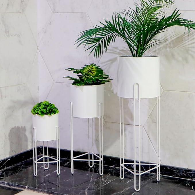 TRIROCKS Set of 3 Planters with Stand Indoor Otdoor Tall Planters for Indoor Plants 29 &22 &12" Morden Planters Flower Pots for Living Room Corner Kitchen Office Garden Balcony Patio Decor(White)