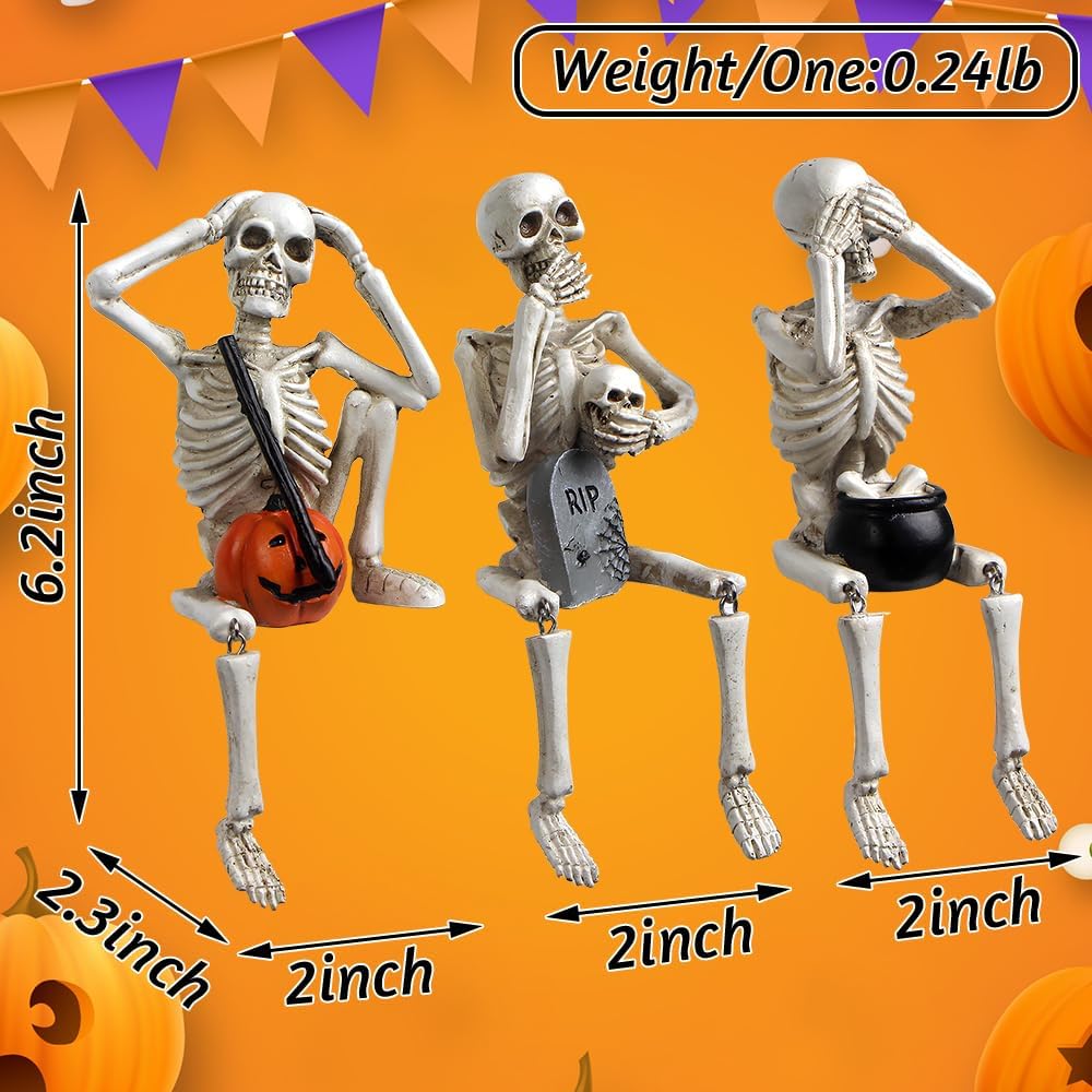 Halloween Skeleton Stalue Set of 3, Gothic Decoration of Skull with Pumpkinand Tombstone, See Speak Hear No Evil Statues Home Decor