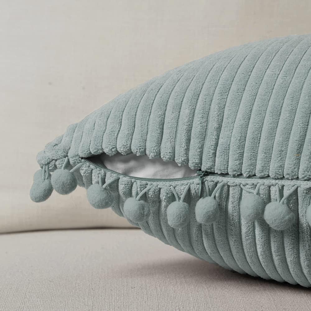 Fancy Homi Pack of 2 Farmhouse Lumbar Decorative Throw Pillow Covers with Pom-poms, Soft Corduroy Solid Rectangle Cushion Cases Set for Couch Sofa Bedroom Living Room (12x24 Inch/30x60 cm, Grey Blue)