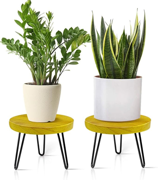 Plant Stand Indoor Outdoor, Wooden plant Stool, Mid Century Plant Stand for Indoor Plants, Wood Modern Plant Holder Rattan Flower, Low Short Boho Rustic Planter Stand Fit 5-15 Inch Pot(M, L)