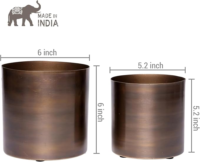 MyGift Antique Bronze Tone Metal Cylindrical Indoor Plant Pot, Succulent Planters Flower Pots, 6 and 5-inch, Set of 2 - Handcrafted in India