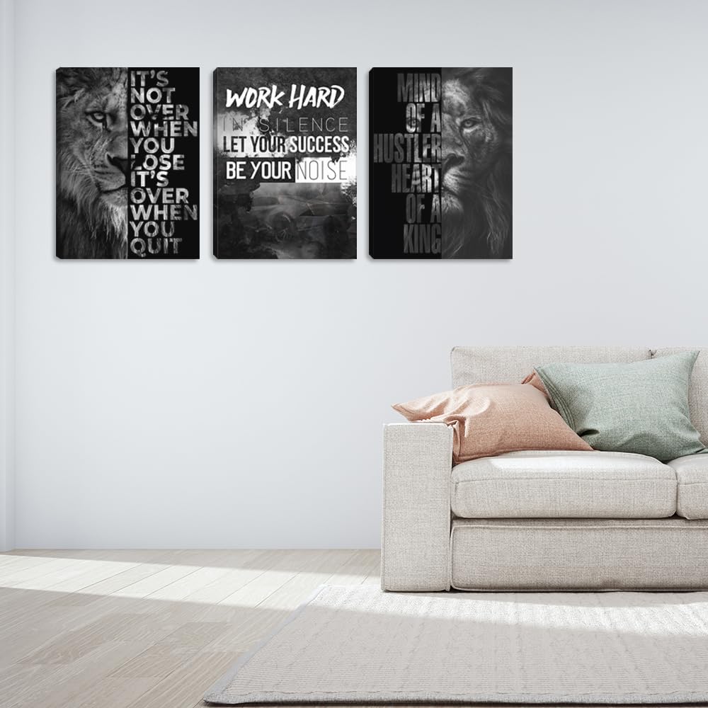 Large Motivational Canvas Wall Art 3 Pieces Lion Poster Inspirational Positive Wall Art Quotes Success Canvas Picture Print Artwork Framed for Home Office Room Gym Workplace Wall Decor (72''Wx 36''H)