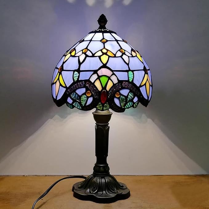 Tiffany Style Table Lamp 8'', Purple Tiffany Table Lamp for Bedroom Study Office Home Stained Glass Lamp
