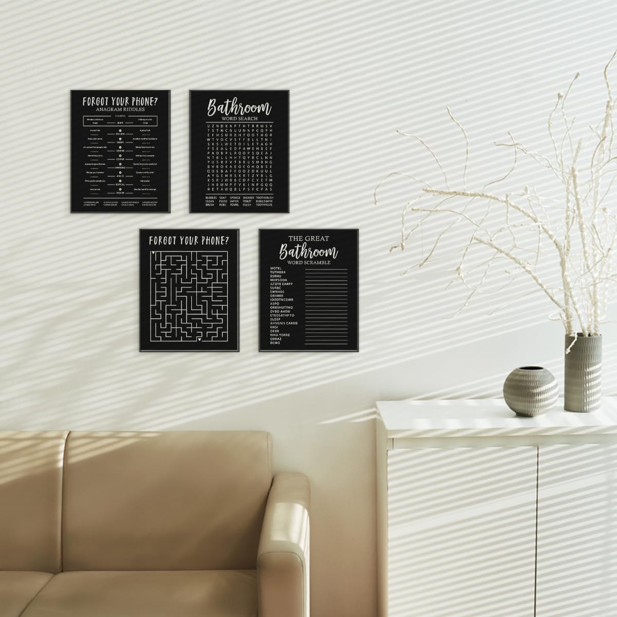 ETVISO Funny Bathroom Black Decor Wall Art Set of 4, Funny Crossword Puzzle Wall Art, Funny Forget Your Phone, Bathroom Word Search Wall Decor, 8x10 (Unframed)