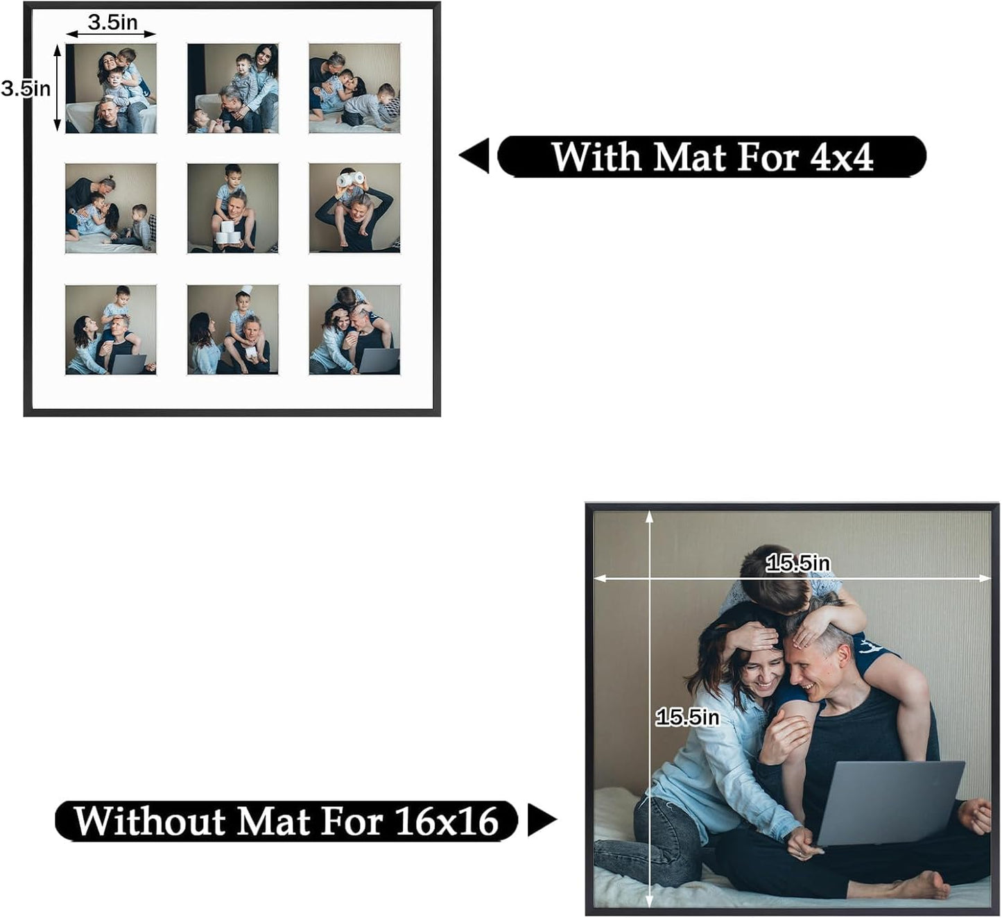 Frametory - 16x16 Aluminum Collage Picture Frame - Display 4x4 Pictures with 9 Openings Mat - Real Glass Front - Horizontal/Vertical Wall Mount - Black 1 Pack