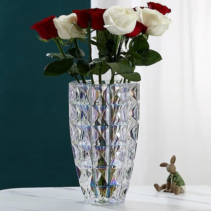 Unique Diamond-Shaped Colorful Glass Flower Vase 11.8" Tall for Home Decor, Dining Wedding Table Office Holiday Party Centerpiece Decoration.