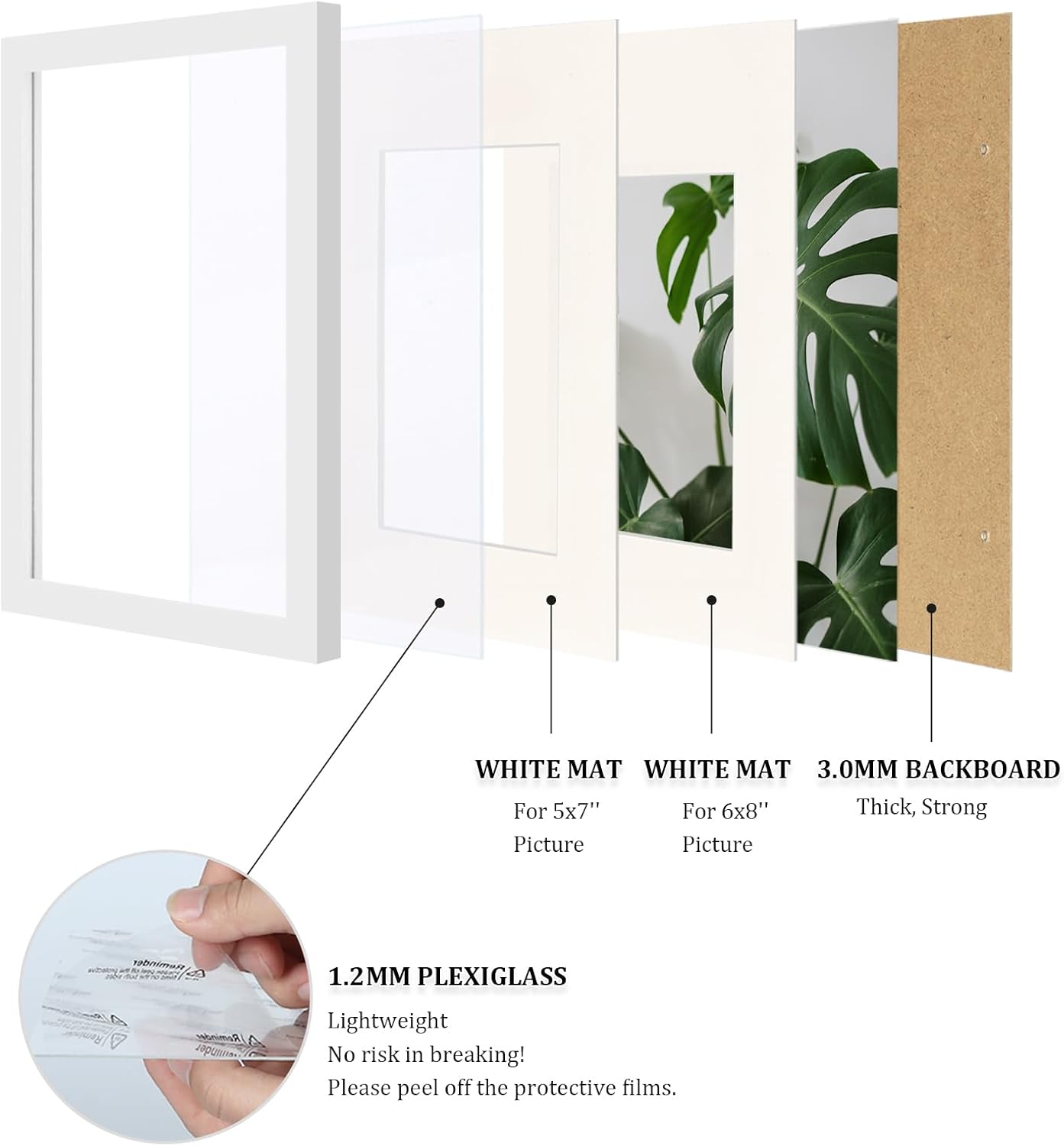 Egofine 8x12 Picture Frames Set of 4, Made of Solid Wood Covered by Plexiglass 5x7 and 6x8 with Mat or 8x12 without Mat, for Table Top Display and Wall Mounting Photo Frame White