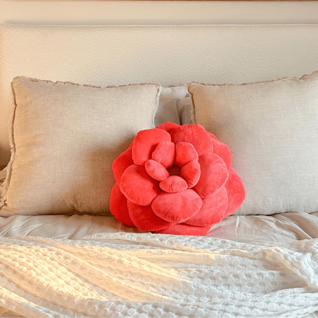 Green Philosophy Co. Camellia Plush Flower Pillow - Neon Coral