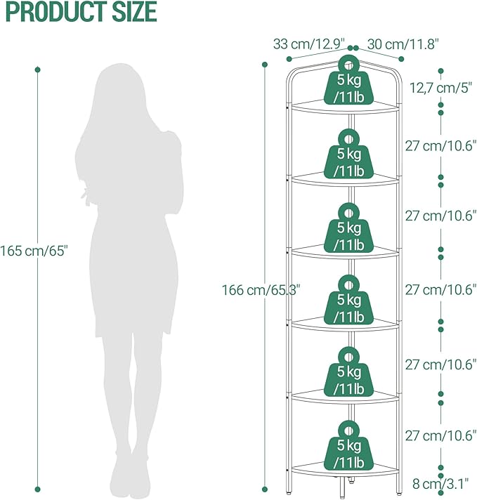 Corner Shelf Stand, Corner Bookshelf, Plant Shelf, Corner Display Rack, Standing Shelf with Metal Frame for Living Room, Bathroom, Kitchen, Industrial Style, 6 Tier Black CS06604B