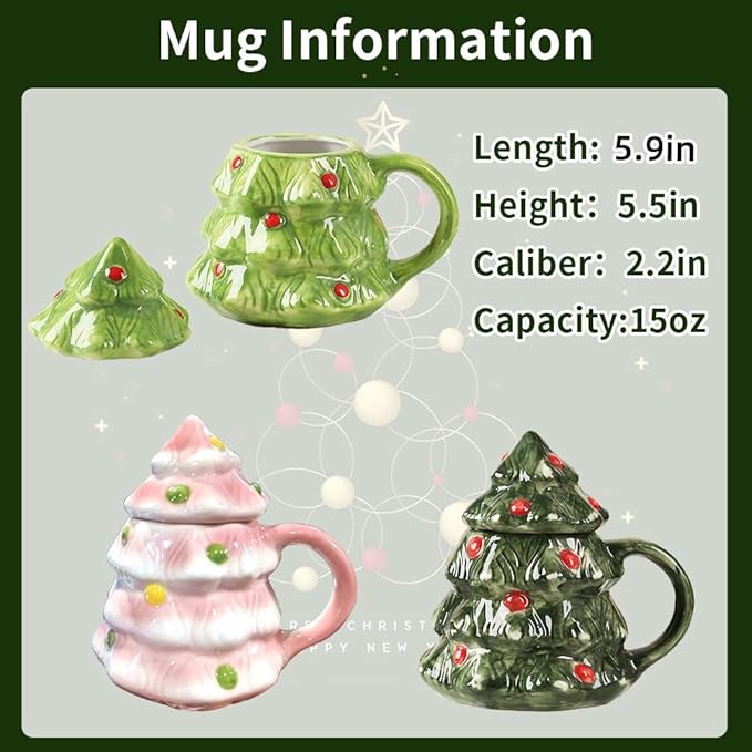 15oz Christmas Tree Mug with Lid Cute Ceramic Xmas Tree Coffee Mug Adorable Festive Ceramic Coffee Cup Winter Xmas Holiday Birthday Tabletop Drinkware Teacup Gifts for Adults Kids Women