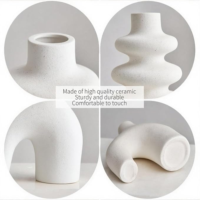 White Ceramic Vases Set of 3, Minimalist Nordic Modern Style, Round Donut Vase for Dried Flowers, Pampas Grass & Fresh Blooms,Boho Home Decor for Table Shelf Living Room Office (White)