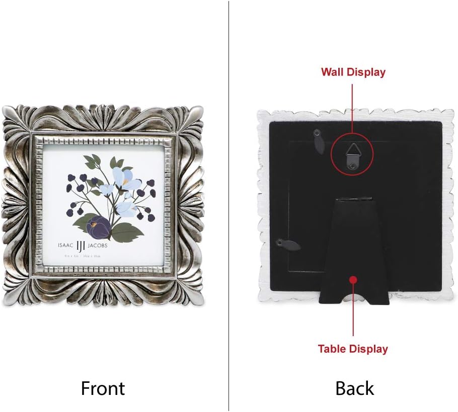 Isaac Jacobs 4x4 Silver Wave Textured Hand-Crafted Resin Picture Frame with Easel & Hook for Tabletop & Wall Display, Decorative Swirl Design Home Décor, Photo Gallery, Art, More (4x4, Silver)