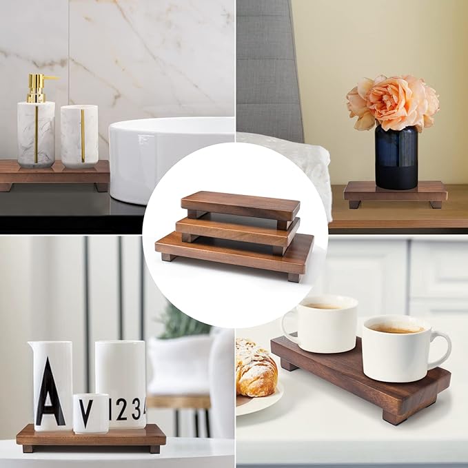 Walnut Wooden Pedestal Stand, Farmhouse Wood Tray for Kitchen Bathroom Counter Decor, Rustic Display Riser for Soap,Bottle,Plant Etc (Large & 12 x 7 x 1.57'')