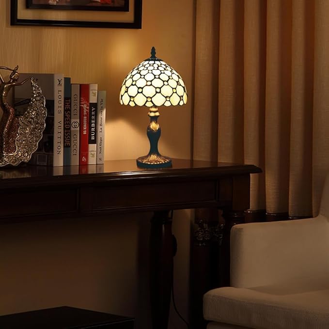 Tiffany Style Table Lamp 8'', White Tiffany Table Lamp for Bedroom Study Office Home Stained Glass Lamp