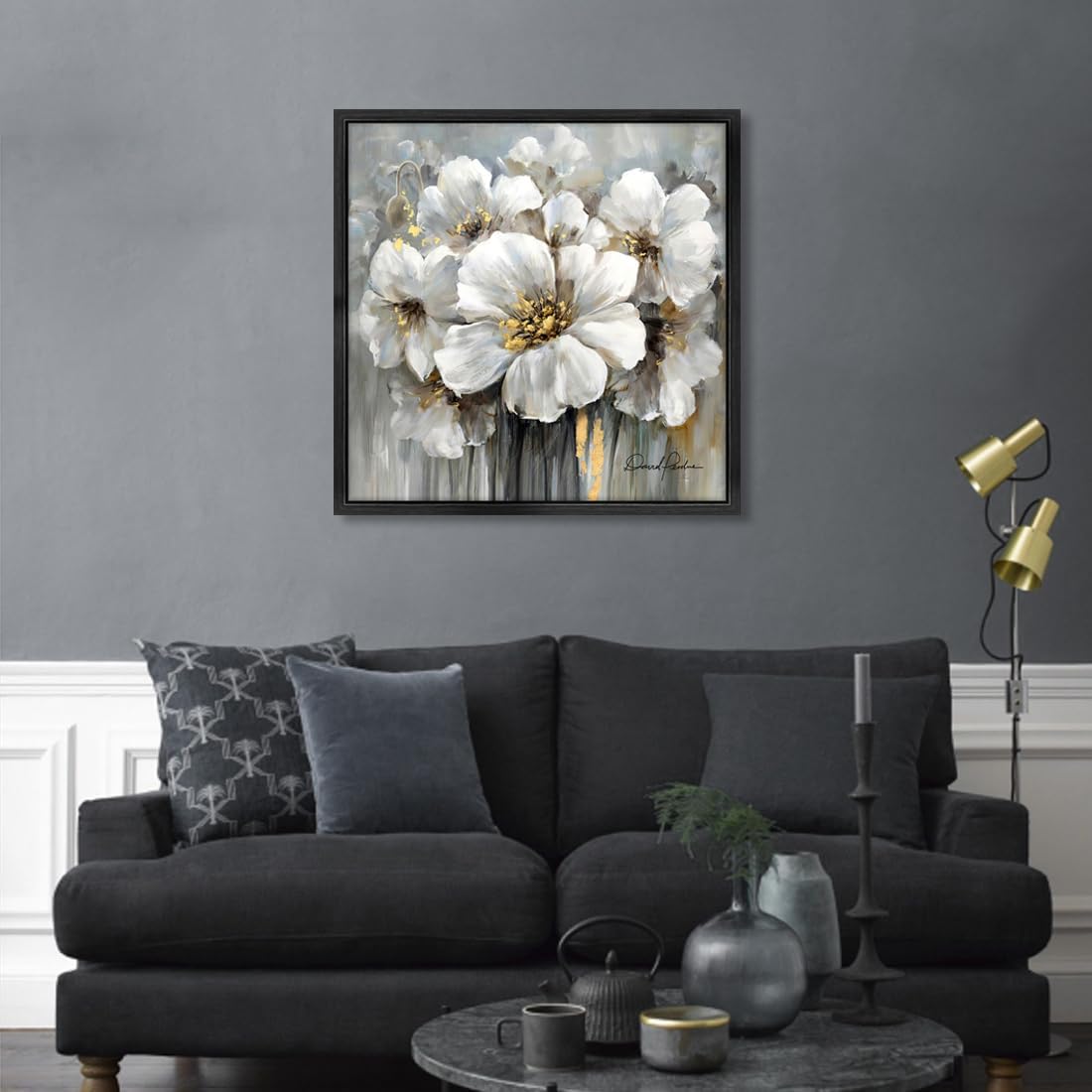 Framed Flowers Canvas Wall Art, 32W x 32H inch, White Floral and Black Frame