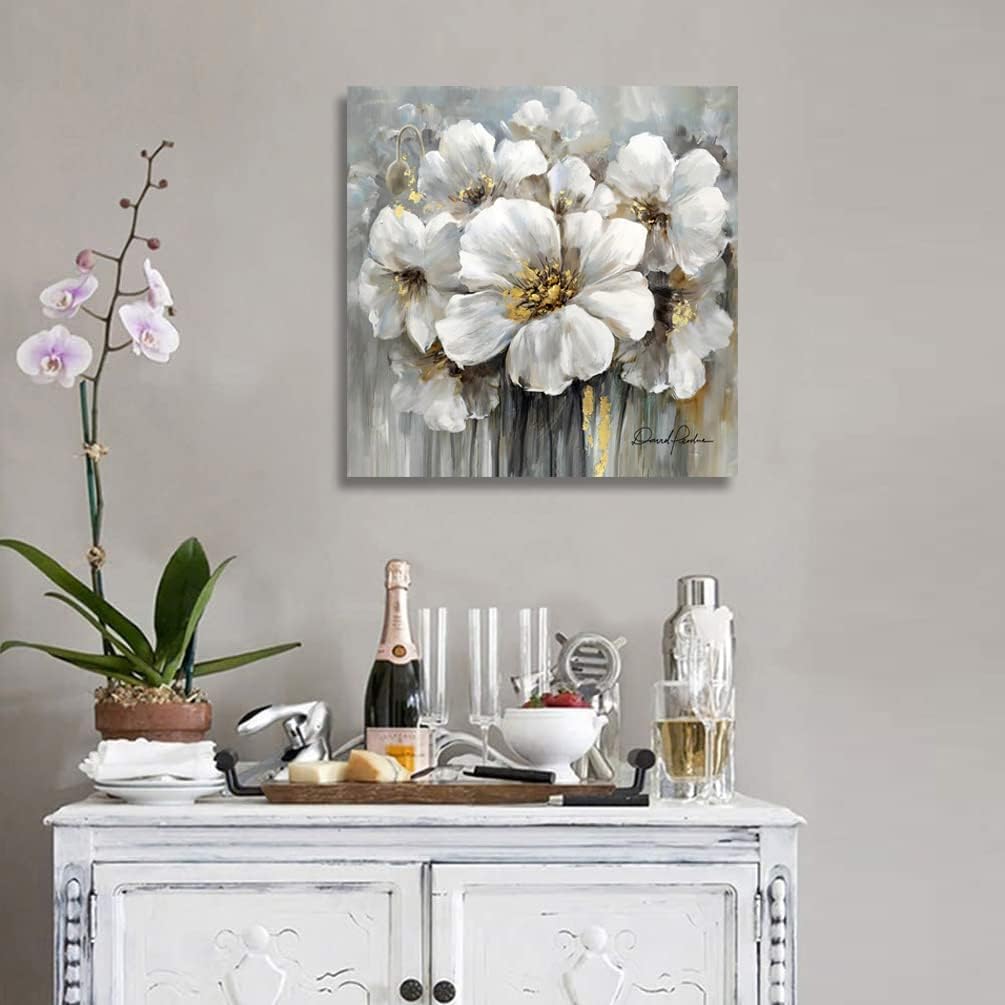 Living Room Flower Picture Wall Art White Floral Painting with Gold on Canvas for Gray Bedroom Decor 30" x 30"