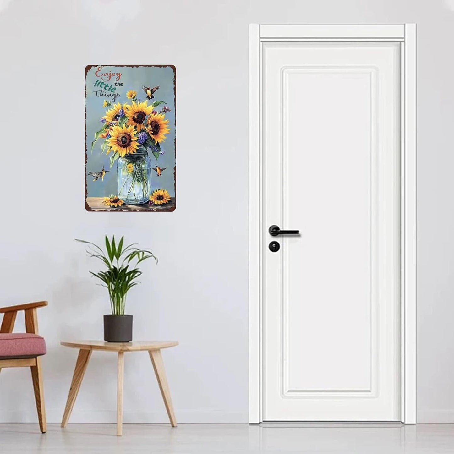Enjoy The Little Things Sunflowers And Hummingbird Metal Sign Vintage Tin Sign Funny Wall Decor for Garden Kitchen Backyard Bedroom Home 12×8 Inch
