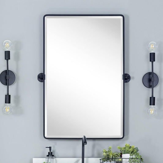 Farmhouse Pivot Rectangle Bathroom Mirror Black Metal Framed Tilting Beveled Vanity Mirrors for Wall, Overall 23.91 x 30 inches (Mirrror 20 x 30 inches)