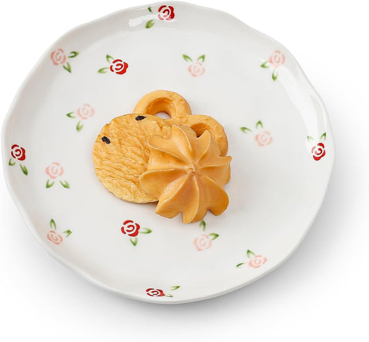 Koythin Ceramic Dessert Plates, Cute Fruits Dinner Plate, Printed Flowers Dinnerware for Office and Home, Kitchen Plates for Desserts (Red Rose Fragmented Flowers)